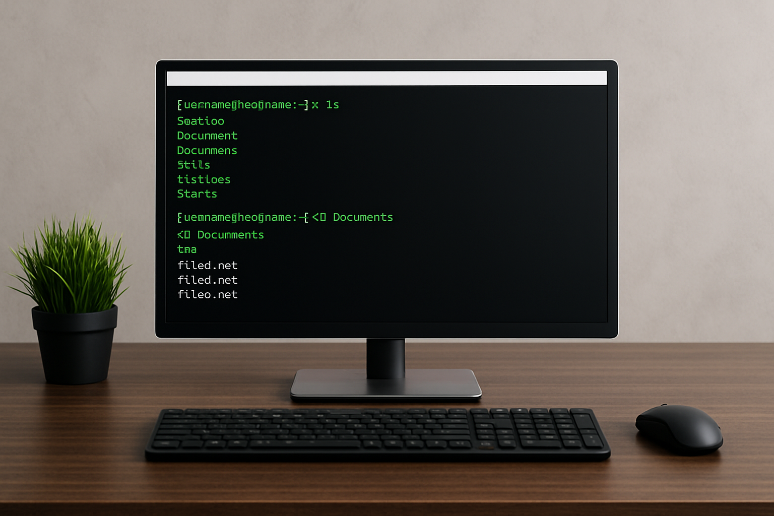 Modern desk with monitor showing Linux terminal