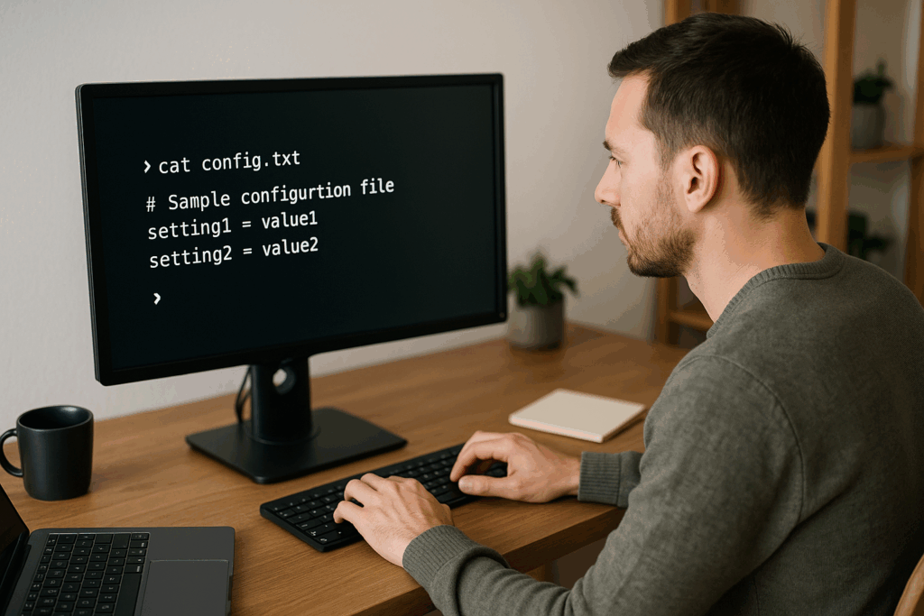 Developer using cat command to view file