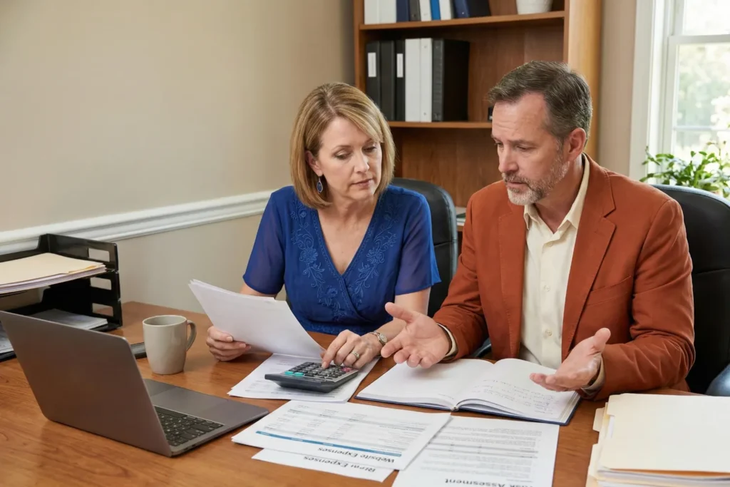 A man and woman business owner sit at a desk reviewing printed documents and notes.