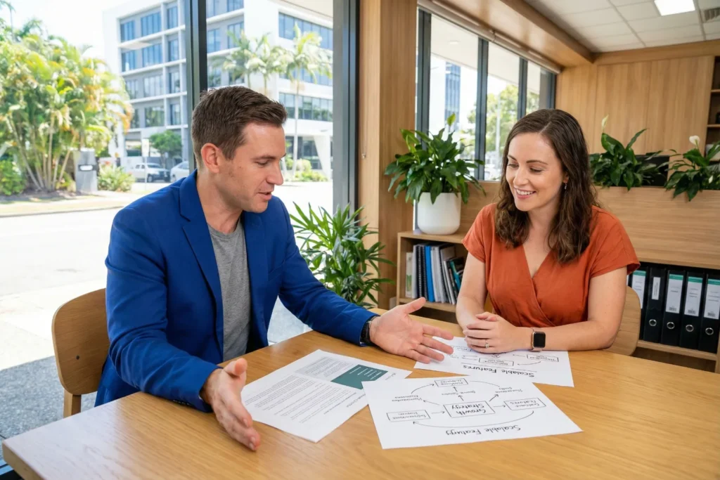 A Brisbane business owner and a web consultant sit at a meeting table reviewing printed plans. They're discussing the transition from a template website to a custom design to support business growth.
