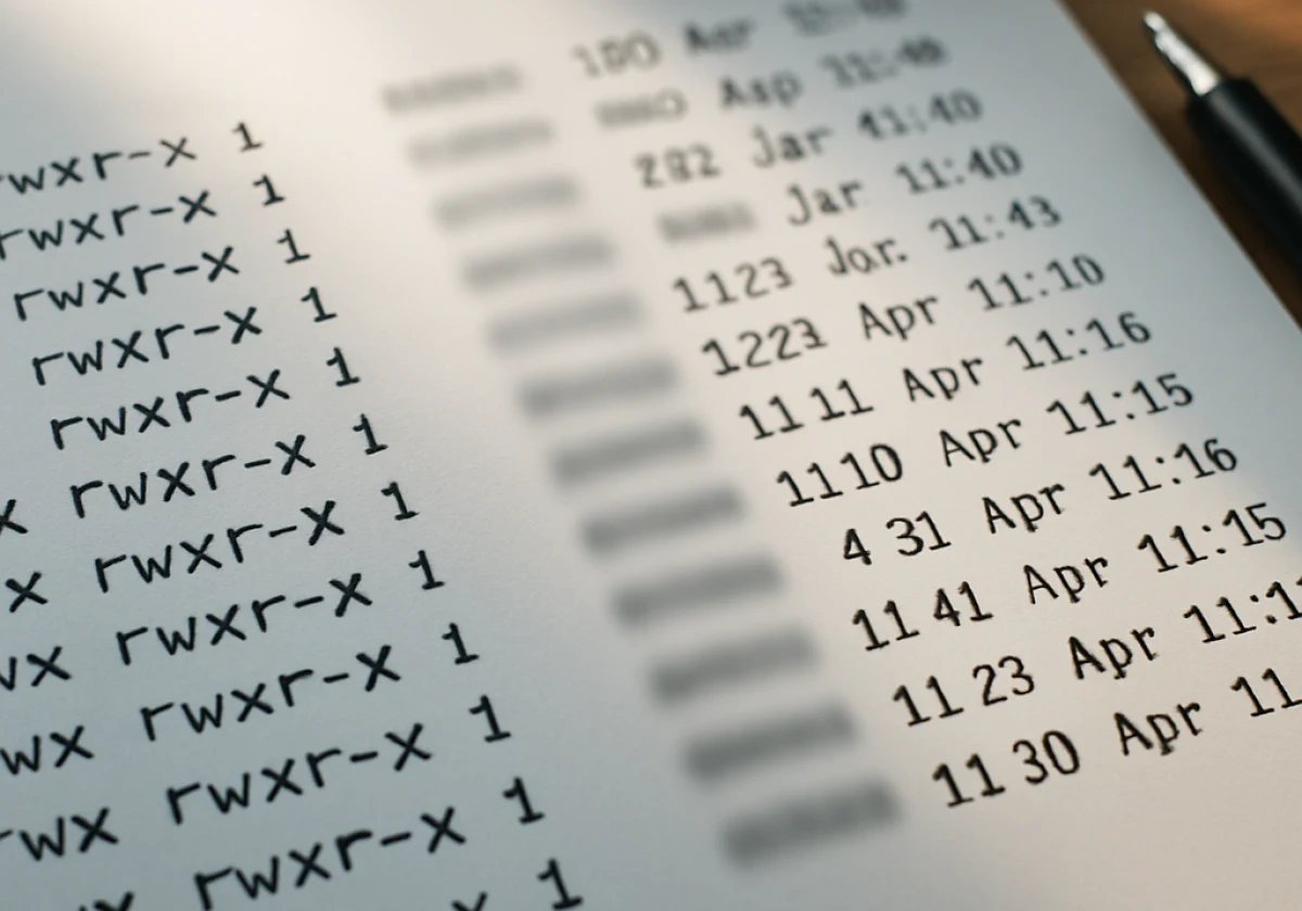 Close-up photograph of printed Linux file permissions output on paper