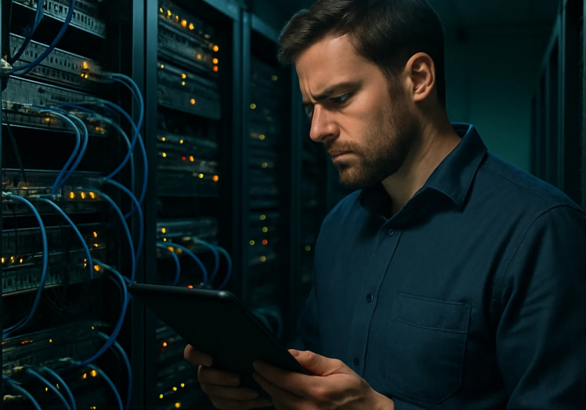 Network engineer standing in a server room surrounded by rack-mounted