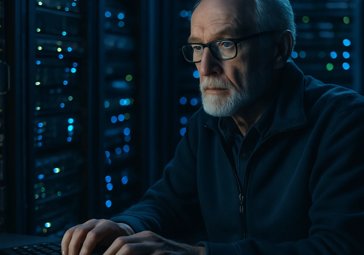 Senior engineer sitting at a keyboard in a server room surrounded