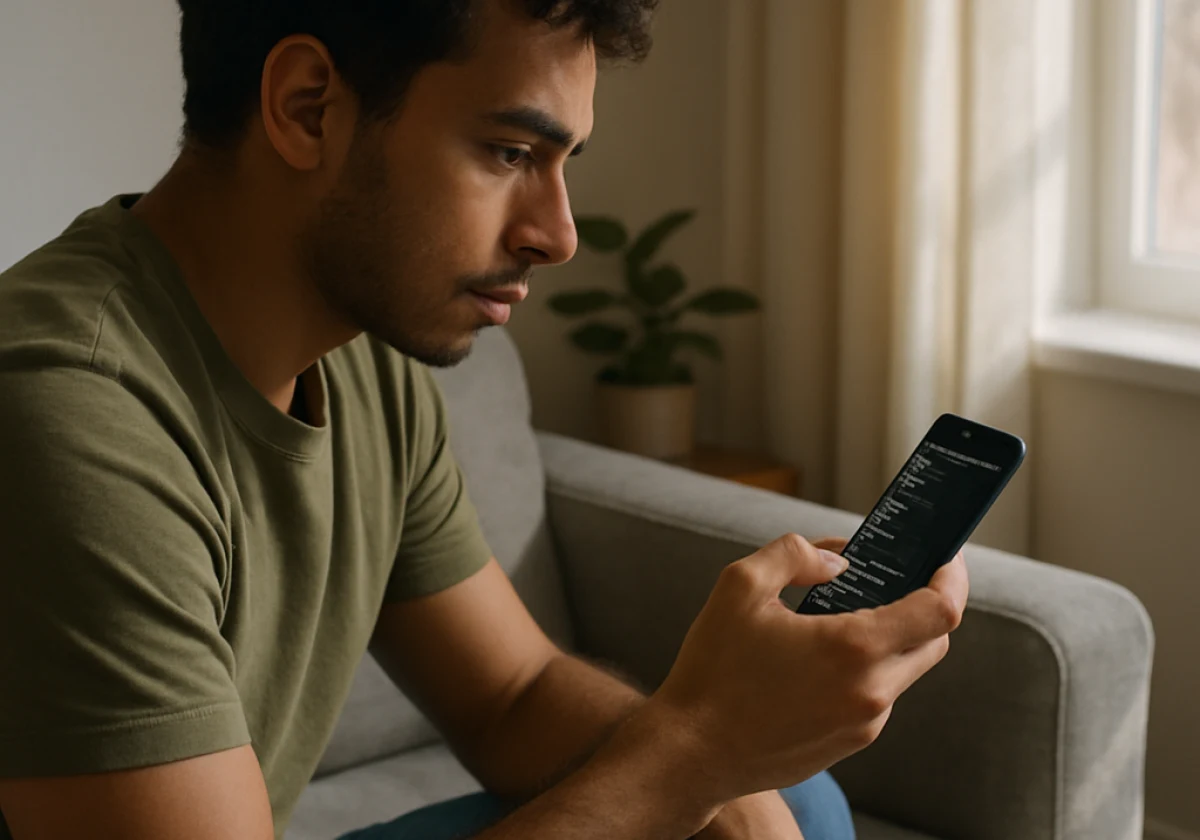 Person sitting on a couch or chair at home using a smartphone