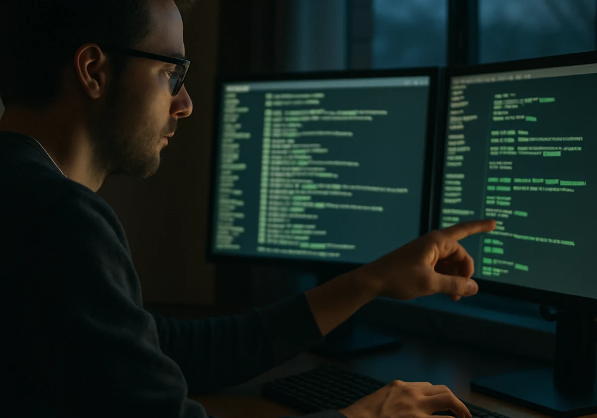 System administrator sitting at a desk in a dimly lit office