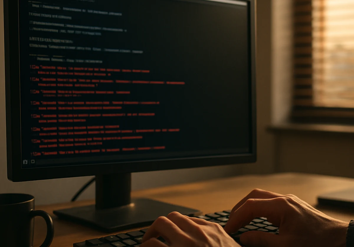 Systems administrator's hands typing commands at a terminal on a desk