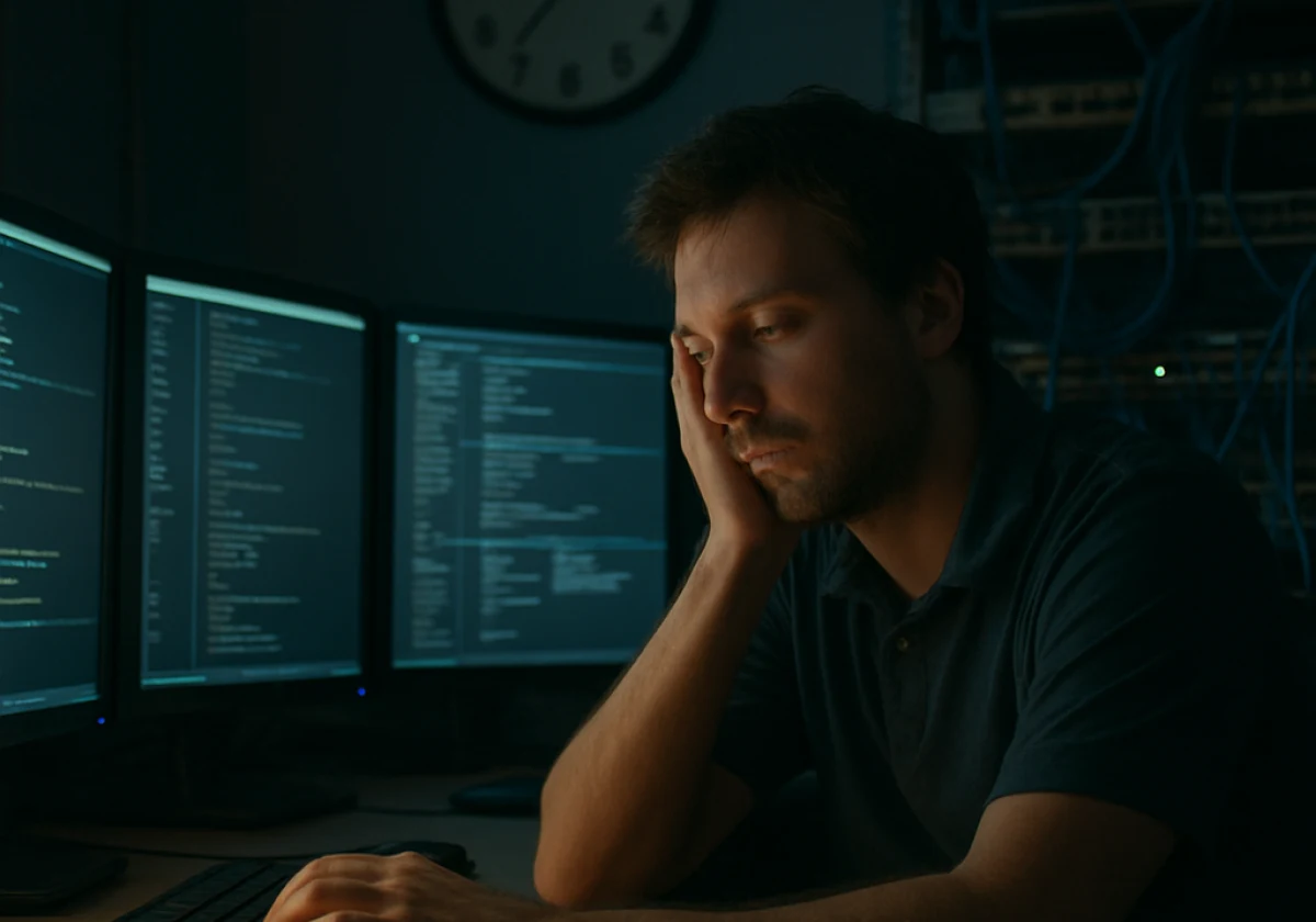 Tired system administrator working alone to fix the Linux scheduled tasks